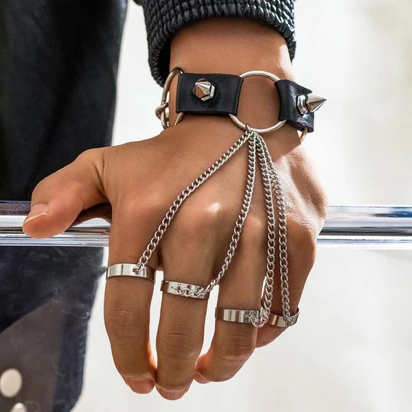 Armreif, Punk-Lederkette, handbesetzte Nieten, Rock-Armbänder mit Fingerring, Handschuhen, Armband-Zubehör, Hip Hop