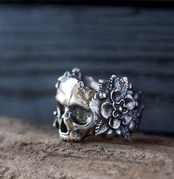 Gotik Meksika Çiçek Şeker Kafatası Yüzükleri Kadın Gümüş Renk 316L Paslanmaz Çelik Punk Çiçekler Halka Mücevherat8149159