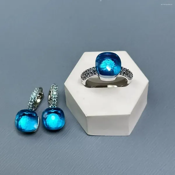 Colar brincos conjunto 10.6mm nudo anel inlay azul topázio zircão jóias doce cor cristal moda presente
