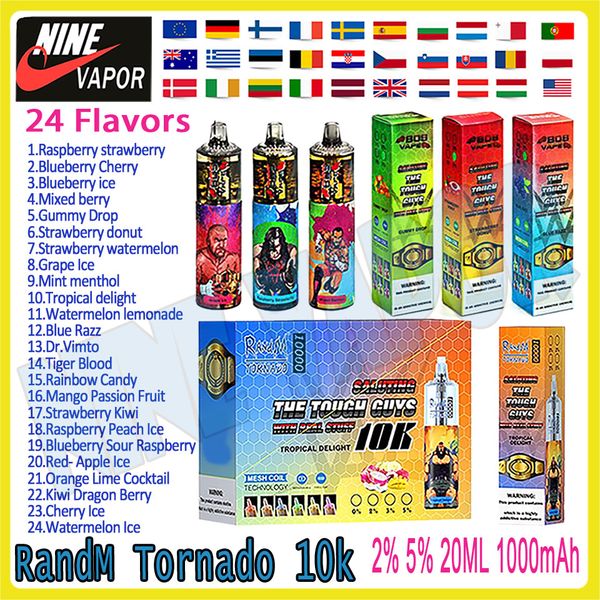 Autentico RandM Tornado 10000 Puff monouso Vape Pen 850mAh Batteria ricaricabile Controllo del flusso d'aria Bobina a rete 20ml Pod preriempito 24 Kit sapore