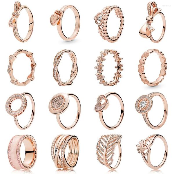 Cluster Ringe S925 Sterling Silber Weibliche Krone Bogen Herzförmiger Ring Eleganter Roségold Europäischer Modeschmuck Muttertagsgeschenk