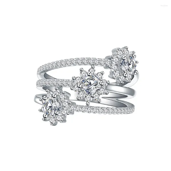 Cluster-Ringe, leichter Luxus, dreilagige Linie, Schneeflocken-Mikro-Intarsien-Ring, 925er Silber, voller Diamant, Instagram-Modetrend-Schmuck