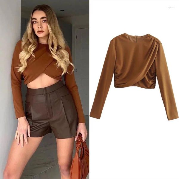 Frauen Blusen Geraffte Kurze Top Für Frau Vintage Oansatz Wrap Saum Sexy Gestellte Schlanke Frauen Solide Langarm Korsett bluse 2024