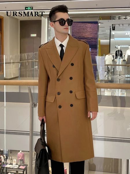 Мужское пальто из смесовой шерсти, камвольное пальто из чистой шерсти для мужчин, очень длинное, до колена, двубортное, утепленное и теплое, классическое деловое 231130