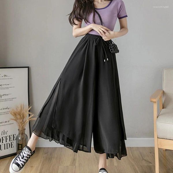 Calças femininas cintura alta perna larga para chiffon moda versão coreana solta cortada verão casual versátil