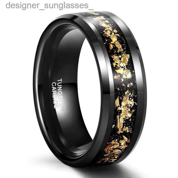 Anéis de banda 8mm tungstênio caide anel de aço preto incrustado cor de ouro folha anel de casamento para homens e mulheres jóias atacado l231201