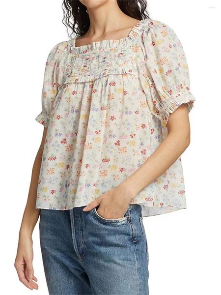 Camicette da donna 2023 Camicette da donna estive con finiture increspate Camicetta stampata floreale colorata Camicia casual allentata con colletto quadrato e maniche a sbuffo