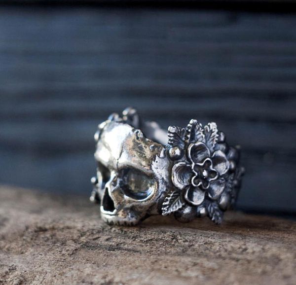 Gothic Mexikanische Blume Zucker Schädel Ringe Frauen Silber Farbe 316L Edelstahl Punk Blumen Ring Schmuck5664724