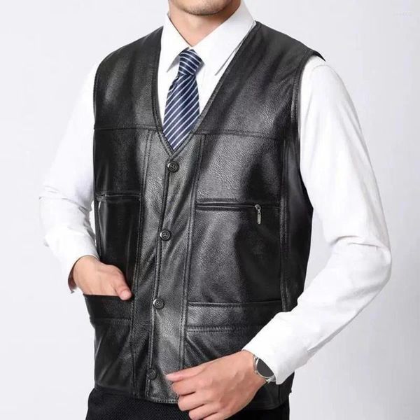 Gilet da uomo Gilet caldo da uomo Cappotto elegante in ecopelle di mezza età con scollo a V con fodera in peluche antivento invernale multitasche