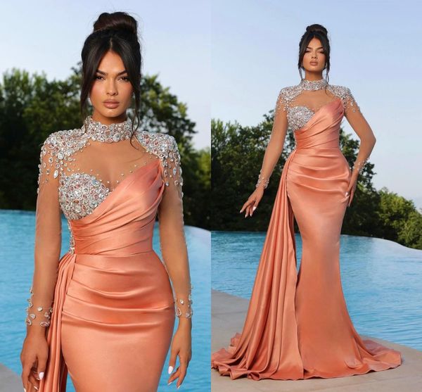 Elegant Black Peach Purple Mermaid Evening Dresses High Neck Sheer Appliques Beads Illusion Long Sleeve Pleats Ruffles Formal Occasion Prom Gowns BC16781