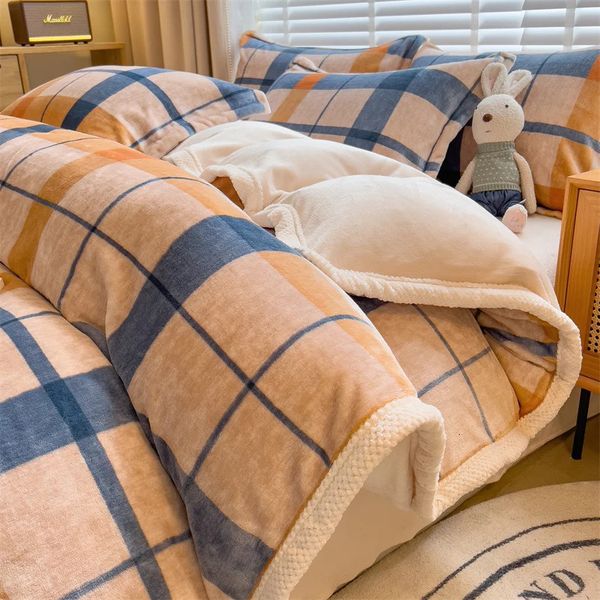 Conjuntos de cama WOSTAR Quente inverno leite veludo capa de edredão 220x240 fofo coral velo impresso casal luxo cama de casal colcha conjunto de cama 231130