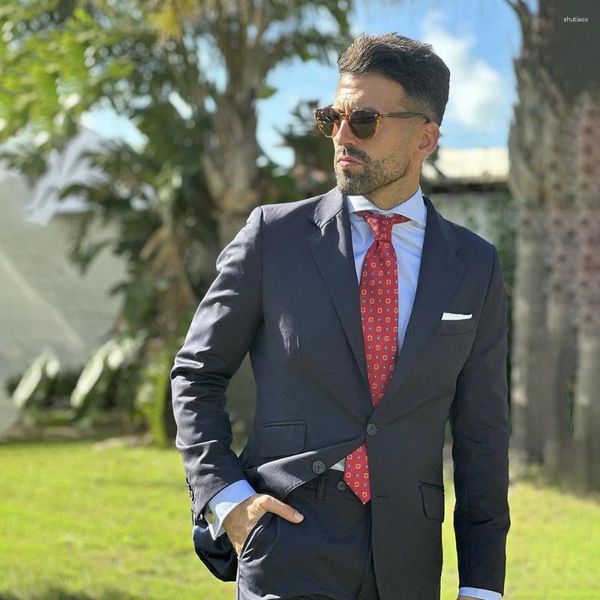 Ternos masculinos moda azul marinho para homens entalhado lapela formal negócios blazer casamento noivo smoking 2 peça conjunto jaqueta calças traje homme