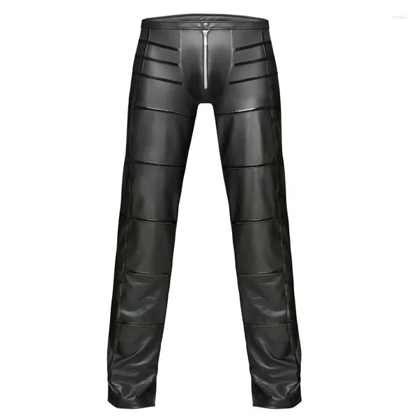 Männer Hosen Herren Schwarz Dünne PU Leder Motorrad Männer Nachtclub Bühne Für Tänzer Front Zipper Casual Hosen Coole Streetwear