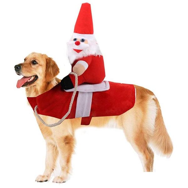 Abbigliamento per cani Costume natalizio Cani divertenti Abbigliamento da Babbo Natale Cavalcando cuccioli Animali domestici Cat Holiday Outfit Vestiti per animali Vestirsi per Ha Dhcjt