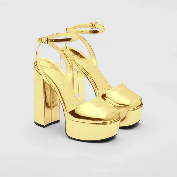 Sandálias de ouro peep toe plataforma chunky salto sandália mulher verão 2023 prata redonda oca fivela alta moda sapatos para mulher