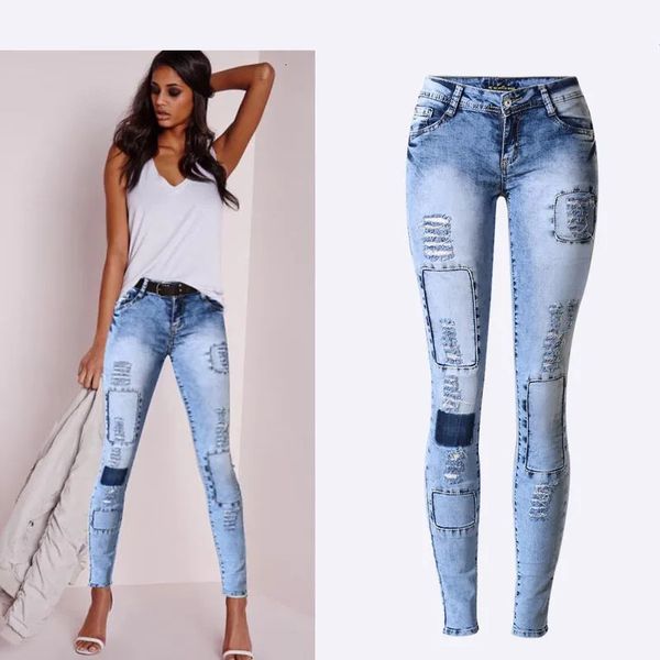 Женские джинсы, летний стиль, с низкой талией, небесно-голубые, в стиле пэчворк, узкие, узкие, узкие, эластичные, сексуальные, джинсовые с эффектом пуш-ап, модные 231201