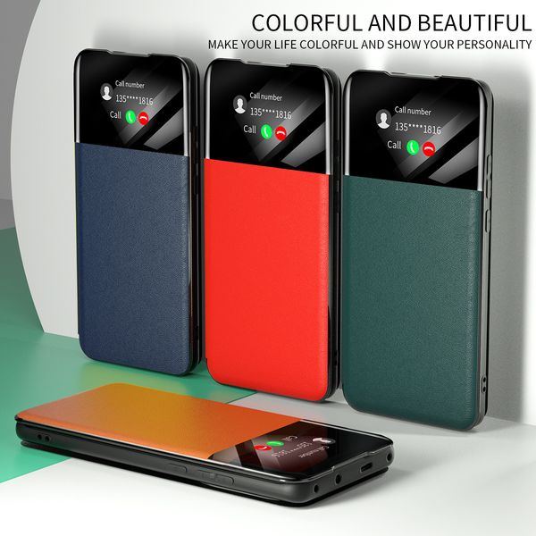 Capa de telefone para Samsung Galaxy S21 22 23 24 Ultra, capa protetora de couro flip folio de luxo com janela transparente, suporte, slot para cartão, capa à prova de choque TPU para celular