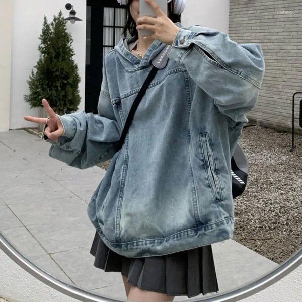 Felpe con cappuccio da donna Felpa con cappuccio in denim Donna High Street Hip Hop Manica lunga Ragazza Top Moda coreana Streetwear Cappotti K Abbigliamento