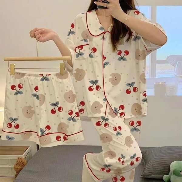 Mulheres sleepwear 3 pçs verão plus size quimono cardigan mulheres pijama de malha algodão nightwear bonito impressão lazer loungewear casual pjs