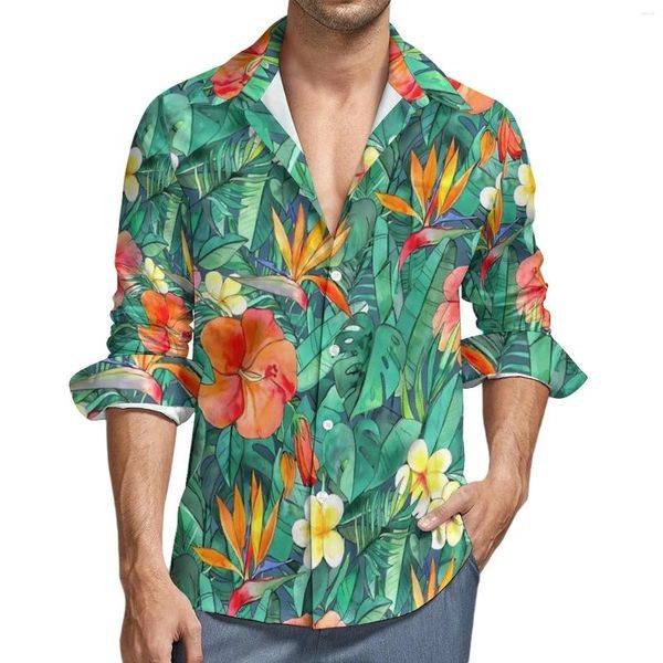 Camicie casual da uomo Camicia floreale tropicale classica Autunno Fiori rossi Uomo Camicette alla moda Manica lunga Grafica Y2K Top Plus Size 4XL