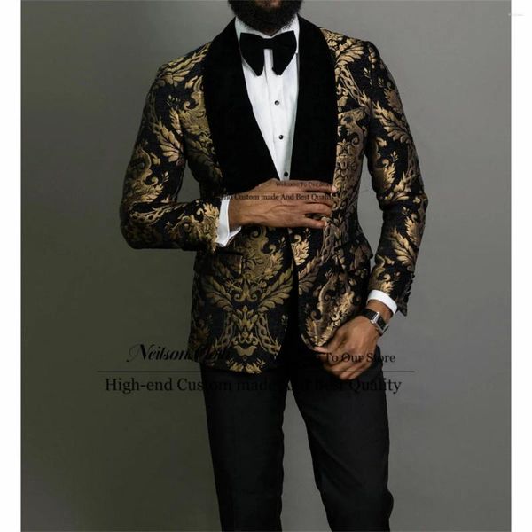 Ternos masculinos moda jacquard dourado masculino baile de formatura blazers xale lapela 2 peças define noivo casamento smoking fino ajuste terno masculino