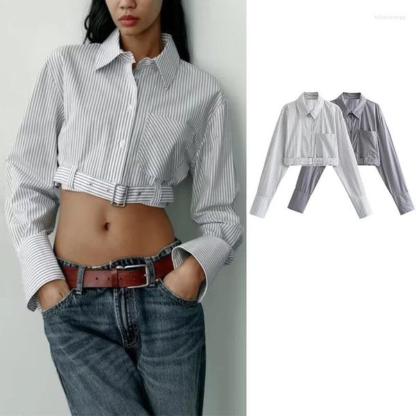 Blusas femininas moda listrada camisa outono 2023 chique botão curto com cinto de manga comprida camisas vintage mulher topos