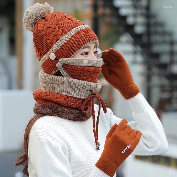 Capas de chuva inverno pompom gorro chapéu pescoço conjunto de 4 (luvas de lenço de máscara)