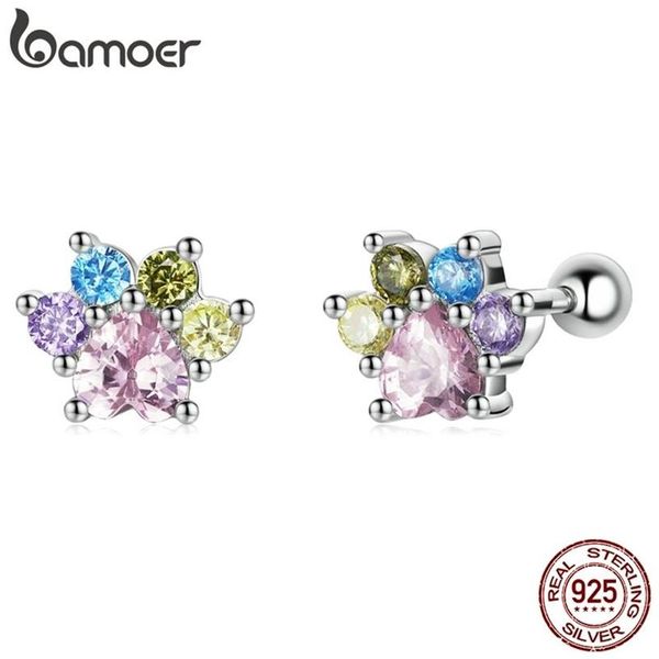 Echte 925 Sterling Silber Bunte Zirkonium Pfote Frauen Ohrstecker Regenbogen Ohrstecker für Mädchen Edlen Schmuck Geschenk 220222245S