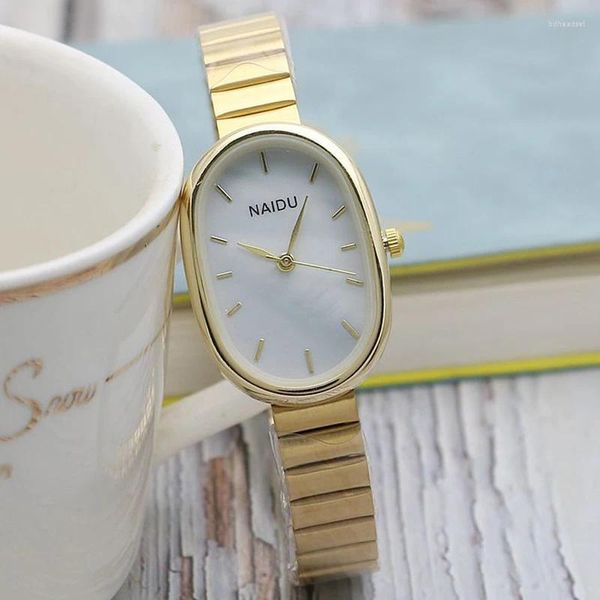 Armbanduhren Frauen Quarzuhr Luxus Ovale Mode Goldgehäuse Kleine Römische Ziffer Zifferblatt Weibliche Vollmetallband Uhren Nische