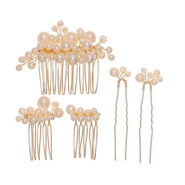 Oro fatto a mano imitazione perla pettini per capelli set di gioielli bastoncini per capelli diademi forcine accessori per capelli da sposa per regali nuziali281Q