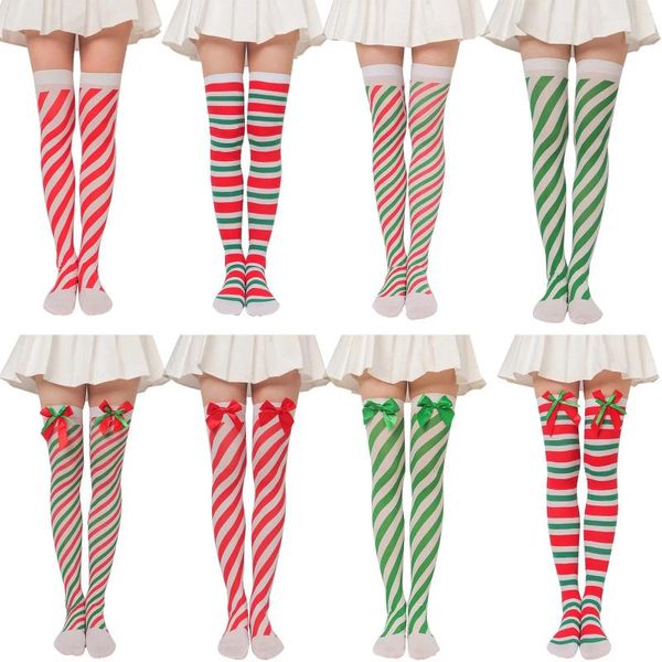 Женские носки, милые японские белые, красные, зеленые, в полоску выше колена, косплей, аниме, женские длинные чулки до бедра, рождественские