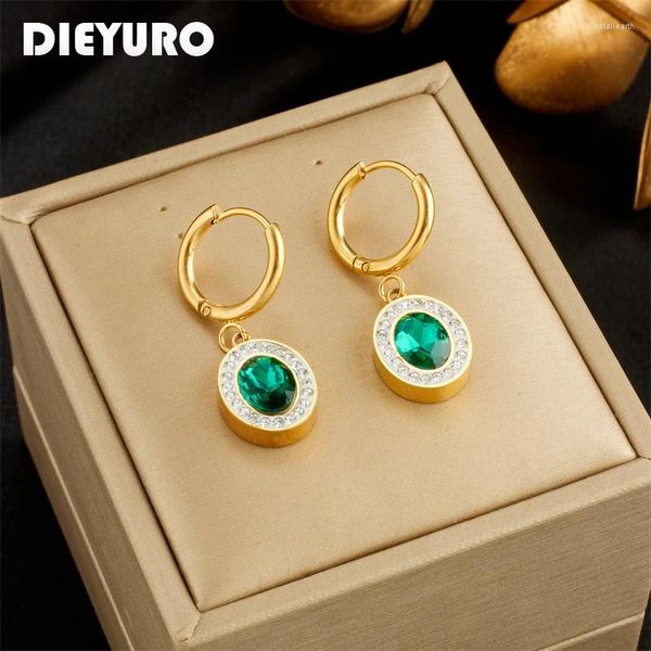 Creolen DIEYURO 316L Edelstahl Oval Grün Kristall Zirkon Für Frauen Mädchen Trend Ohr Schnalle Wasserdicht Schmuck Geschenk