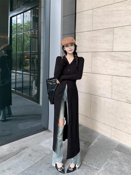 Kadın Örgüleri Zarif Moda V Yaka Uzun Kollu Siyah Hırgalar 2023 Yaz İnce Fit Örme HARDIGAN Y2K GRUNGE MID boylu ceket elbise