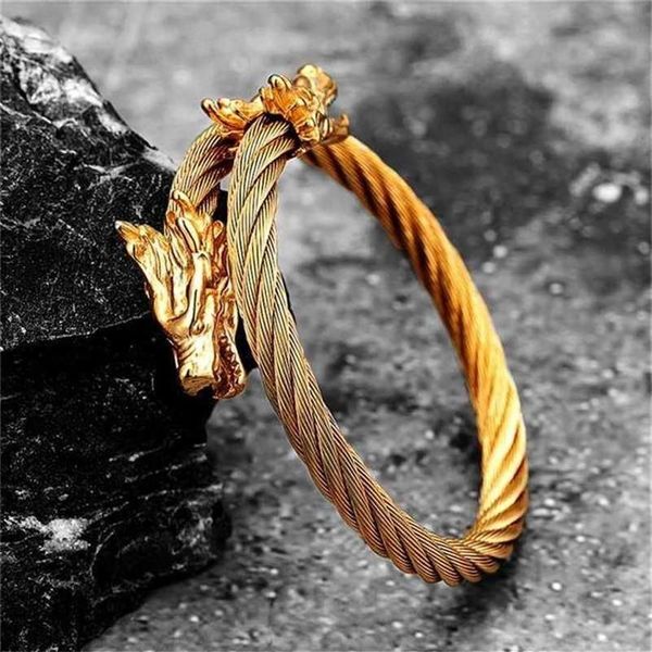 Punk-Armband aus Stahldraht, goldenes Armband, gegossener Edelstahl, Wasserhahn-Öffnung, für Herren und Damen, Wikinger, trendiges Armband für Mädchen, Geschenk 211227217D