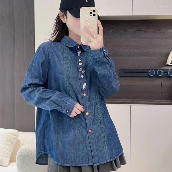 Blusas femininas jovens elegantes camisas jeans mori meninas outono primavera estilo japonês kawaii desenhos animados bordado jean