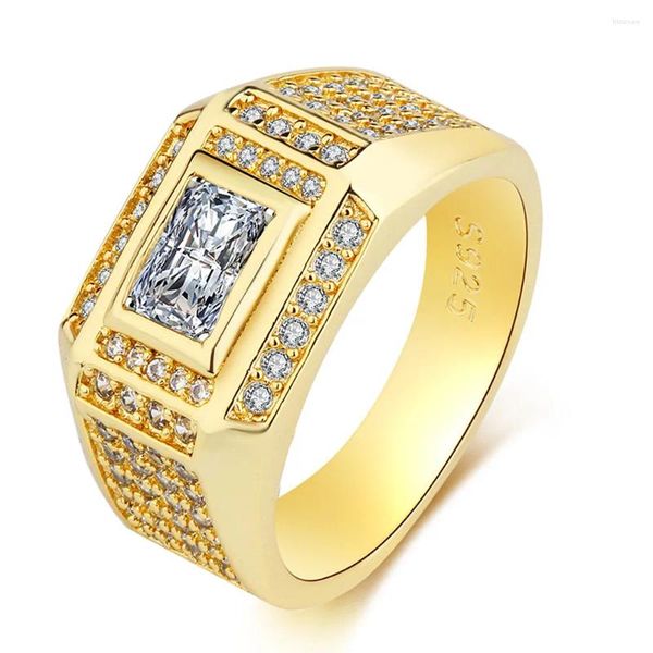 Küme halkaları 18k altın renkli erkekler büyük kare kristal zirkon elmas taşlar bague ring erkek erkeksi mücevher parmak bantları aksesuarları