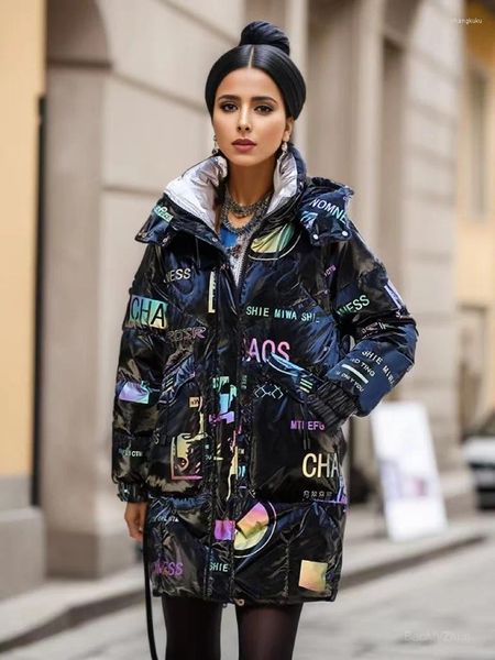 Trench da donna 2023 Moda invernale Tessuto luminoso Spesse giacche calde Imbottito in cotone di media lunghezza Parka femminile Capispalla Autunno