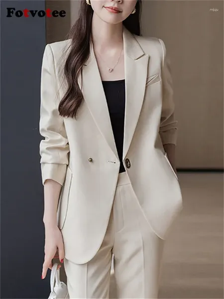 Calças femininas de duas peças Fotvotee Conjuntos sólidos Womens Outifits 2023 Turn Down Collar Único Botão Blazer Office Ladies Casual Pant Suits