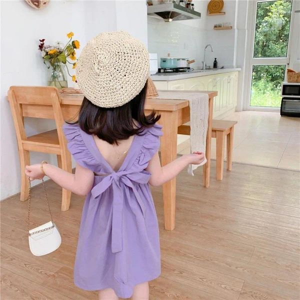 Девушка платья малышам Девушки -фиолетовые летние платье принцессы V Детская одежда без спинки для детской одежды Вестидо