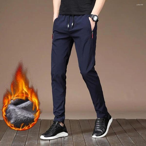 Calças masculinas calças de cor sólida bolso elástico na cintura de pelúcia fino ajuste manter quente cordão meados sweatpants jogger esportiva