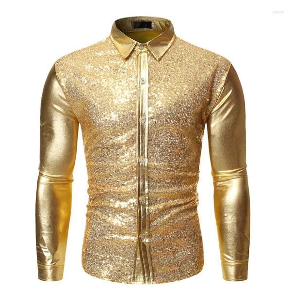 Camicie casual da uomo Camicia glitterata con paillettes metalliche dorate Uomo 2023 Anni '70 Festa in discoteca Costume di Natale Chemise Homme Performance sul palco maschile