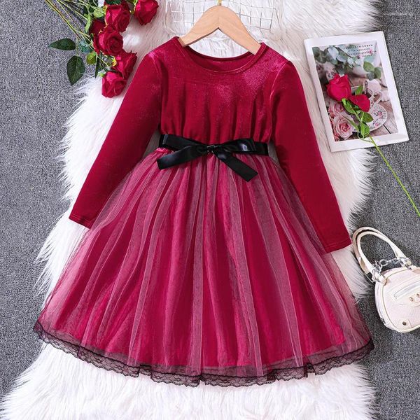 Mädchen Kleider 2023 Winter Mädchen Kleid Langarm O Neck Schärpen Mesh Patchwork Rot Nette Designer Prinzessin Vestido 8-12T