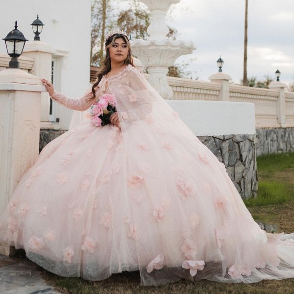 Rosa brilhante vestido de baile quinceanera vestido espartilho renda apliques flor miçangas lantejoulas com capa doce 16 vestido vestidos de xv 15 anos