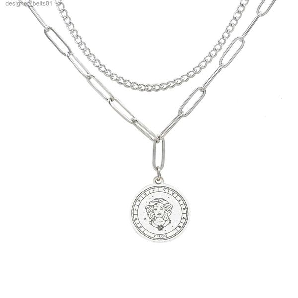 Girocolli 1pc fatti a mano in acciaio inossidabile doppie catene 12 costellazioni collana pendente segni zodiacali charms catene maglione girocolli gioielliL231201