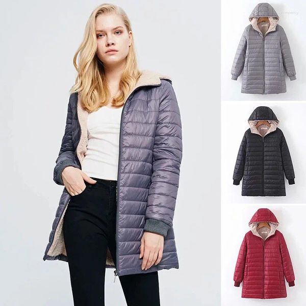 Giacche da donna Giacca in pile con cappuccio di media lunghezza da donna Autunno Inverno Leggero Fodera in peluche Solido Parka da donna Allentato Cerniera femminile Outwear