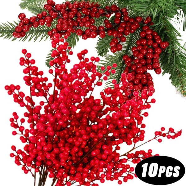 Dekorative Blumen 10/1 Stück Weihnachten rote Beeren künstliche Blumen Obst Kirsche Pflanzen Weihnachtsbaum Ornamente DIY Navidad Party Dekoration