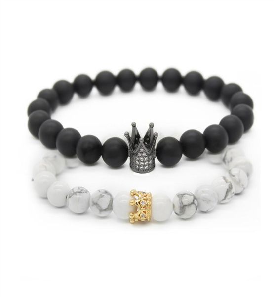 Paar Sie und Ihn Stränge Armbänder Abstand Schwarz Weiß StrandsBeads CZ Crown King Charm Stein Armband Liebhaber Geschenk Valentinstag8850247