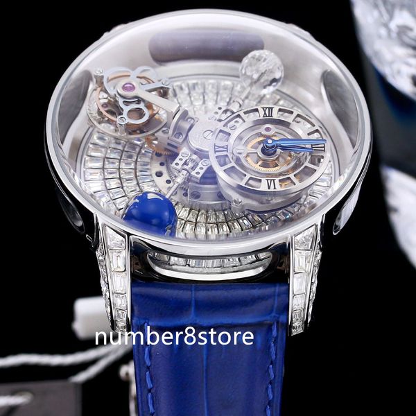 JC Astronomia Mens İzle Tourbillon Baguette Beyaz Elmaslar Büyük boy 47mm otomatik mavi iskeletli kadran Safir Kristal İsviçre Bilek Kafası