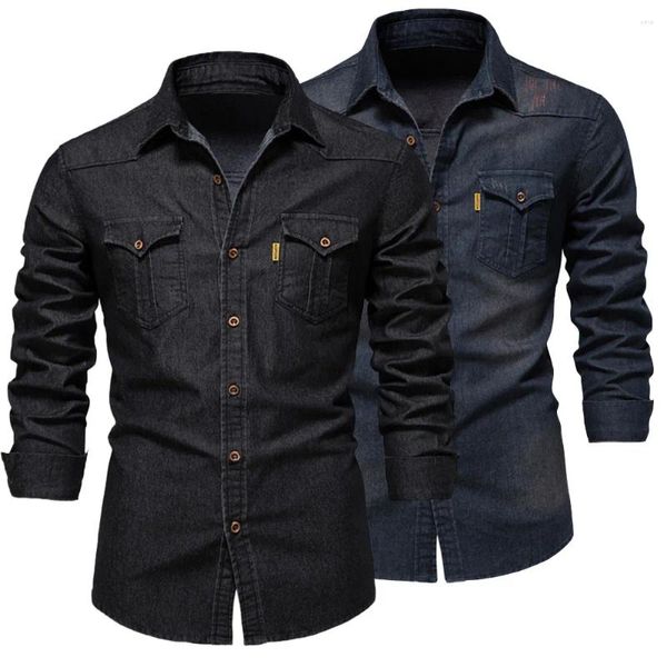 Camisas casuais masculinas moda outono algodão denim homens manga longa qualidade cowboy camisa cor sólida slim fit elástico jean para