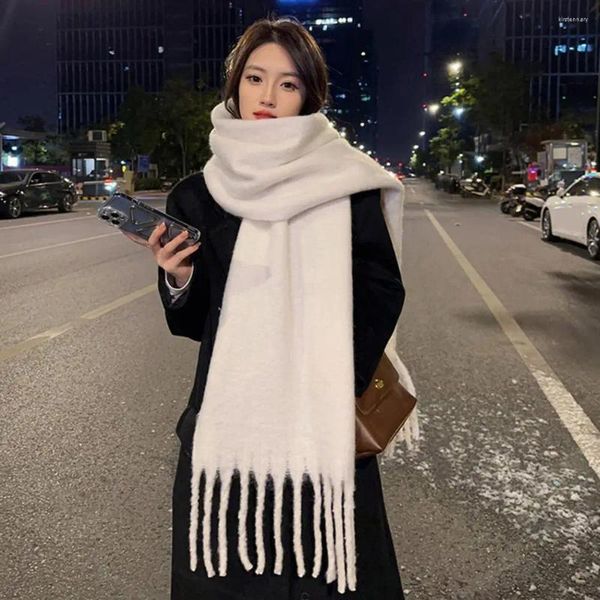 Lenços femininos inverno cor sólida cachecol borla guarnição imitação cashmere grosso xale elegante grande longo quente acessórios de moda